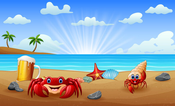 Tropical beach with crabs on sand