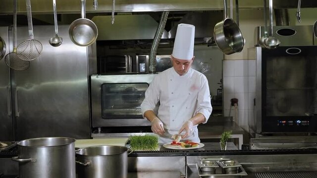 Portrait of a chef in a professional kitchen while preparing a delicious dinner. The cook puts the baked Dorado fish on a plate with vegetables, decorating the dish with fish.