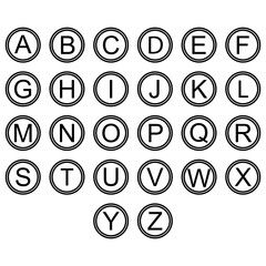English alphabet letters symbols icons signs simple black and white colored set. A set of English alphabet letter icons,  flat, black and white (mostly white).