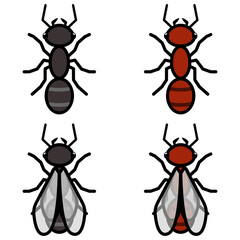 Ants logos symbols icons signs set. A collection of a simple illustrations of ants, both ordinary and flying ones, isolated, black and red colored, outlined. Flying ants have simple transparent wings.
