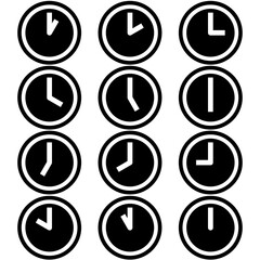 Clocks showing different time (hours) symbols icons signs logos simple black and white colored set. A set of clock icons with different time on them, minimalist, black and white (mostly black).