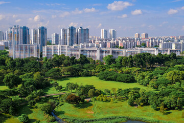 Clear view of skyline of high rise public housing on bright sunny day, with lush green public greenery in foreground. Beautiful day with blue sky and clouds, SIngapore