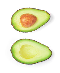 Close up of avocado two halves isolated on a white background with clipping path.