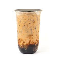 Glass of ice thai milk tea, fresh thai tea with chocolate sauce and bubble jelly isolated on white background with clipping path.