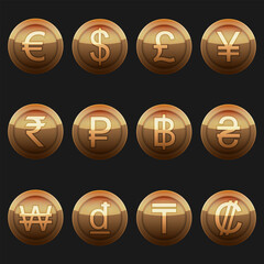 Currency coins symbols icons metallic bronze with highlights set. A set of currency symbols used in different countries, bronze metallic material with highlights.