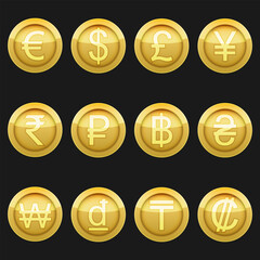 Currency coins symbols icons metallic golden with highlights set. A set of currency symbols used in different countries, gold metallic material with highlights.