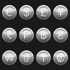 Currency coins symbols icons metallic silver with highlights set. A set of currency symbols used in different countries, silver metallic material with highlights.