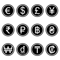 Currency symbols icons simple black-colored set. A set of currency symbols used in different countries, minimalist black.