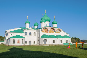 Fototapeta na wymiar Spaso-Preobrazhensky Cathedral on a sunny June morning. Holy Trinity Alexander Svirsky Monastery. Leningrad region, Russia