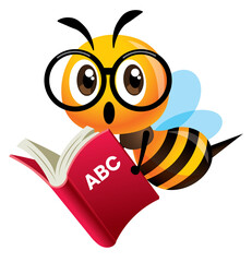 Cartoon cute bee with big glasses mascot carrying a red study book. Bee back to school - Vector character