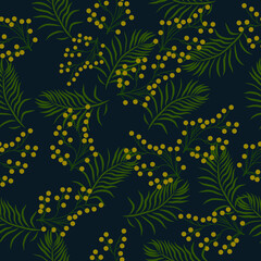 Fototapeta na wymiar seamless pattern with tropical leaves with blue background and yellow buds
