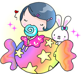 vector cartoon girl and rabbit on the sweet