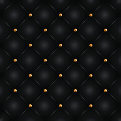 Black leather pattern texture background with golden buttons. Vector illustration.