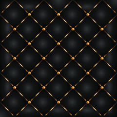 Fototapeta premium Black leather pattern texture background with golden buttonsand stripes. Vector illustration.