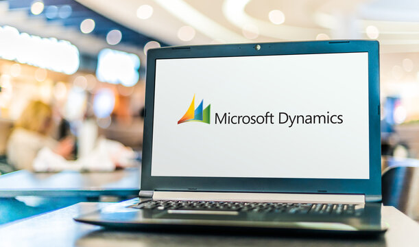 Laptop computer displaying logo of Microsoft Dynamics