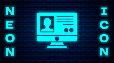 Glowing neon Create account screen icon isolated on brick wall background. Vector.