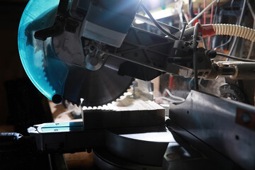 Workshop with tools and electric saws in the process