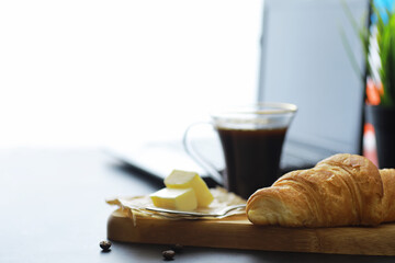 Fresh pastries on the table. French flavored croissant.