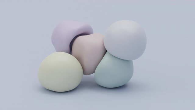 Bouncy balls slow falling. Morphing spheres movement. Soft body physics 3d render. Cheerful animation of elastic shapes bounce. Colorful objects dropping on white background. 