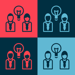 Pop art People with lamp bulb icon isolated on color background. Concept of idea. Vector.