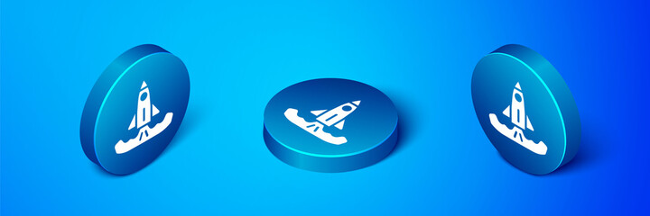 Isometric Rocket icon isolated on blue background. Blue circle button. Vector.