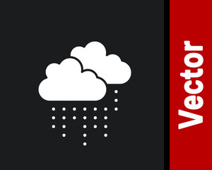 White Cloud with rain icon isolated on black background. Rain cloud precipitation with rain drops. Vector.