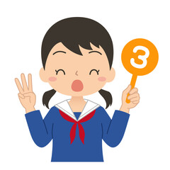数字の3の札を持った女子学生　イラスト