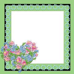 Creative composition with a close-up image of a decorative frame. The frame consists of flowers, bouquets, petals, and geometric shapes. Abstraction. Illustration for printing on paper and fabric.