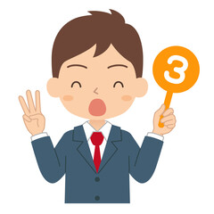 数字の3の札を持った男子学生　イラスト