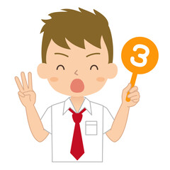 数字の3の札を持った男子学生　イラスト
