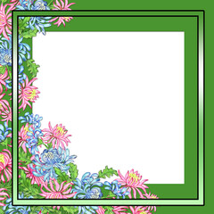 Creative composition with a close-up image of a decorative frame. The frame consists of flowers, bouquets, petals, and geometric shapes. Abstraction. Illustration for printing on paper and fabric.