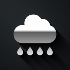Silver Cloud with rain icon isolated on black background. Rain cloud precipitation with rain drops. Long shadow style. Vector.