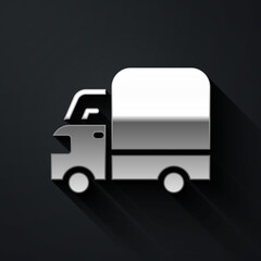 Silver Delivery cargo truck vehicle icon isolated on black background. Long shadow style. Vector.