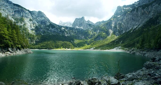 View of Dachstein from the lake Hinterer Gosausee lake, Upper Austria