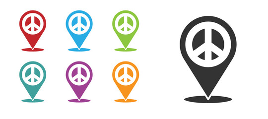 Black Location peace icon isolated on white background. Hippie symbol of peace. Set icons colorful. Vector.