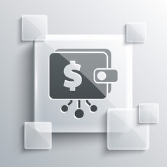 Grey Cryptocurrency wallet icon isolated on grey background. Wallet and bitcoin sign. Mining concept. Money, payment, cash, pay icon. Square glass panels. Vector.