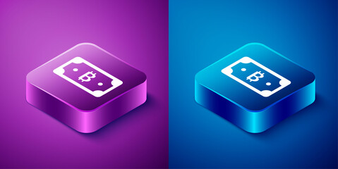 Isometric Cryptocurrency bitcoin icon isolated on blue and purple background. Blockchain technology, digital money market. Square button. Vector.