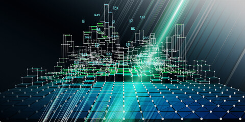 Abstract background 3d grid big data visualization with blurred lines. Futuristic infographics design. Big data. Social network and business concept. Data chart.