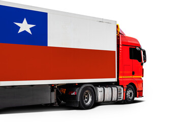 Big  truck with the national flag of  Chile. on white isolated background, side view. Concept of export-import,transportation, national delivery of goods