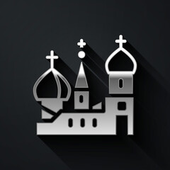 Silver Moscow symbol - Saint Basil's Cathedral, Russia icon isolated on black background. Long shadow style. Vector.