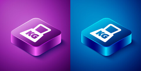 Isometric Weight icon isolated on blue and purple background. Kilogram weight block for weight lifting and scale. Mass symbol. Square button. Vector.
