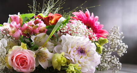 Composition with bouquet of freshly cut flowers