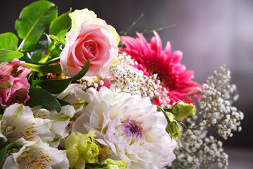 Composition with bouquet of freshly cut flowers