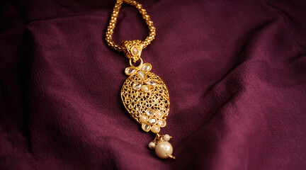 Gold and pearl pendant with chain, Indian Traditional jewelry
