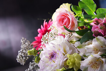Composition with bouquet of freshly cut flowers