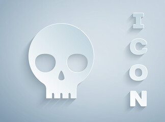 Paper cut Human skull icon isolated on grey background. Paper art style. Vector.