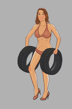 Sexy girl in a bikini drags tires illustration with shadows and glare isolate on gray