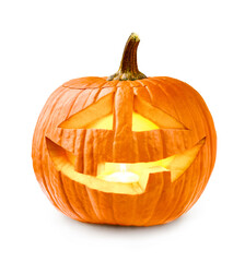 Glowing Halloween Pumpkin isolated on white background. Jack O’ Lantern.