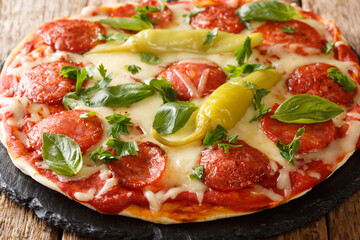 Delicious pizza with chorizo chili peppers, mozzarella cheese, tomatoes and herbs close-up on the board. horizontal