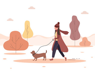 Autumn background. Young woman walks with dog through the woods. Concept happy girl in brown coat with dachshund or poodle. Vector illustration in flat style.